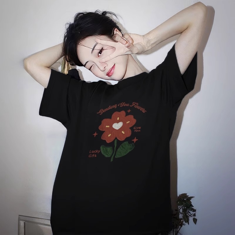 Retro crna ženska majica kratkih rukava s floralnim uzorkom, 100% pamuk, moderan ljetni top