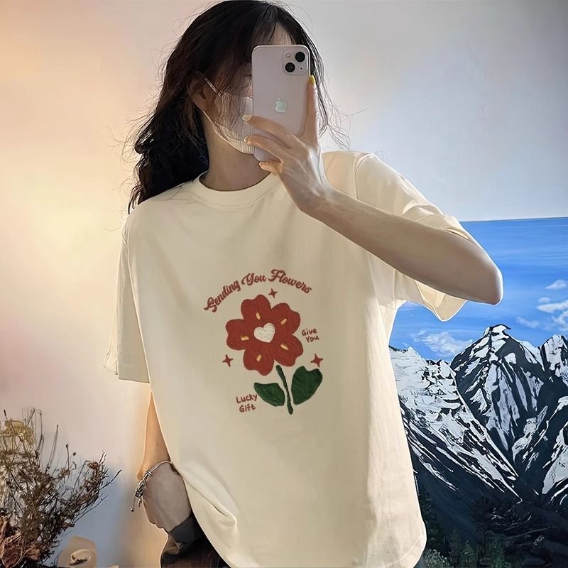 Retro crna ženska majica kratkih rukava s floralnim uzorkom, 100% pamuk, moderan ljetni top