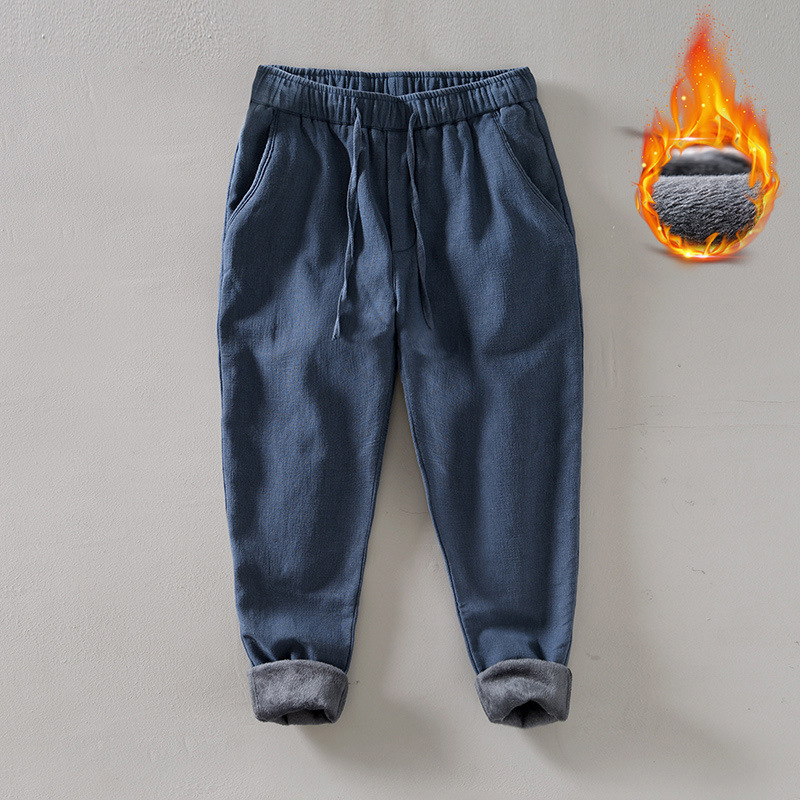 Muške hlače od ramije, ravnog kroja, retro stil, s fleece podstavom, srednji pojas, kopčanje šnira