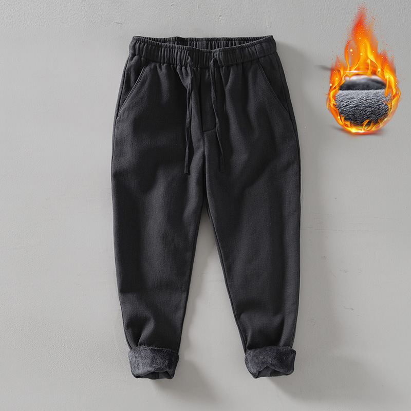 Muške hlače od ramije, ravnog kroja, retro stil, s fleece podstavom, srednji pojas, kopčanje šnira