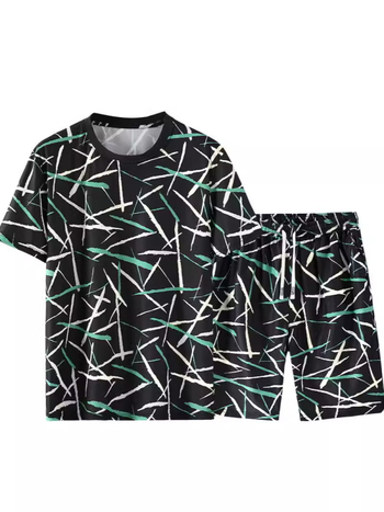 Vīriešu Ice Silk komplekts: T‑kreklu ar īsajiem piedurknēm + piecu kvartālu šorti, brīvs griezums (Vasara 2024, acetāta šķiedra, Ice silk beads, Zīmols Yudu jiajun)