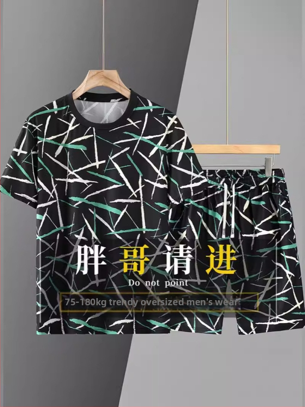 Vīriešu Ice Silk komplekts: T‑kreklu ar īsajiem piedurknēm + piecu kvartālu šorti, brīvs griezums (Vasara 2024, acetāta šķiedra, Ice silk beads, Zīmols Yudu jiajun)