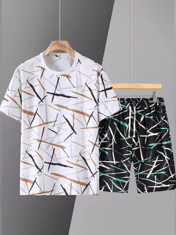 Vīriešu Ice Silk komplekts: T‑kreklu ar īsajiem piedurknēm + piecu kvartālu šorti, brīvs griezums (Vasara 2024, acetāta šķiedra, Ice silk beads, Zīmols Yudu jiajun)