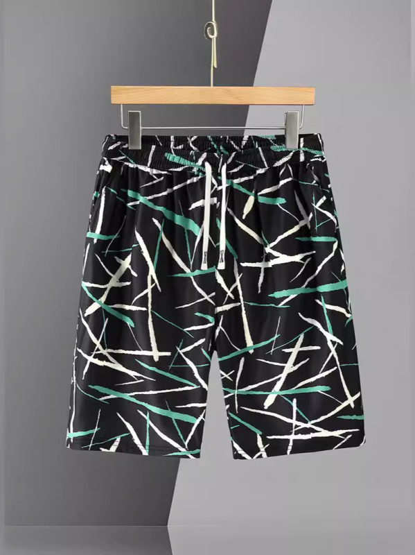 Vīriešu Ice Silk komplekts: T‑kreklu ar īsajiem piedurknēm + piecu kvartālu šorti, brīvs griezums (Vasara 2024, acetāta šķiedra, Ice silk beads, Zīmols Yudu jiajun)