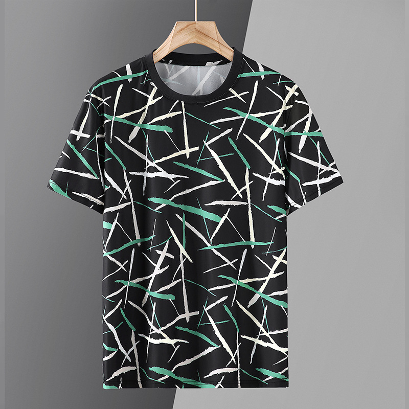 Vīriešu Ice Silk komplekts: T‑kreklu ar īsajiem piedurknēm + piecu kvartālu šorti, brīvs griezums (Vasara 2024, acetāta šķiedra, Ice silk beads, Zīmols Yudu jiajun)