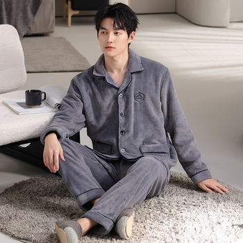Vīriešu flaneles pidžāmu komplekts ziemai, bieza auduma, 251–300 g/m², apkakle ar lapeli, garās piedurknes
