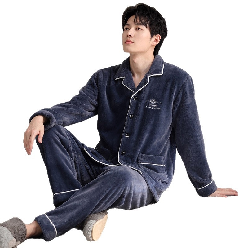 Vīriešu flaneles pidžāmu komplekts ziemai, bieza auduma, 251–300 g/m², apkakle ar lapeli, garās piedurknes