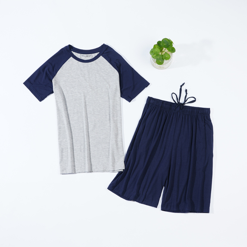 Vīriešu modalā mājas apģērbu komplekts ar īsām piedurknēm un šortiem, vienkāršs ikdienas stils, 90-95% modal, apļveida kakla forma, bieza auduma 201-250 g/m2