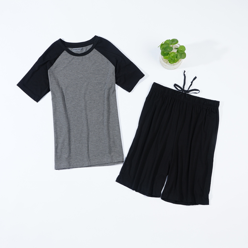 Vīriešu modalā mājas apģērbu komplekts ar īsām piedurknēm un šortiem, vienkāršs ikdienas stils, 90-95% modal, apļveida kakla forma, bieza auduma 201-250 g/m2