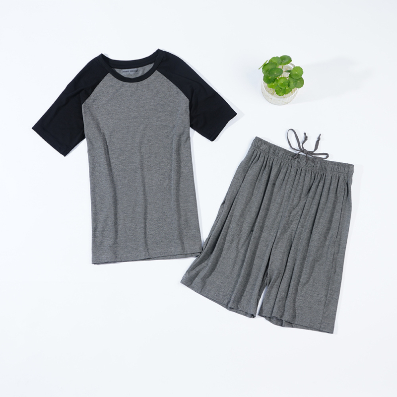 Vīriešu modalā mājas apģērbu komplekts ar īsām piedurknēm un šortiem, vienkāršs ikdienas stils, 90-95% modal, apļveida kakla forma, bieza auduma 201-250 g/m2