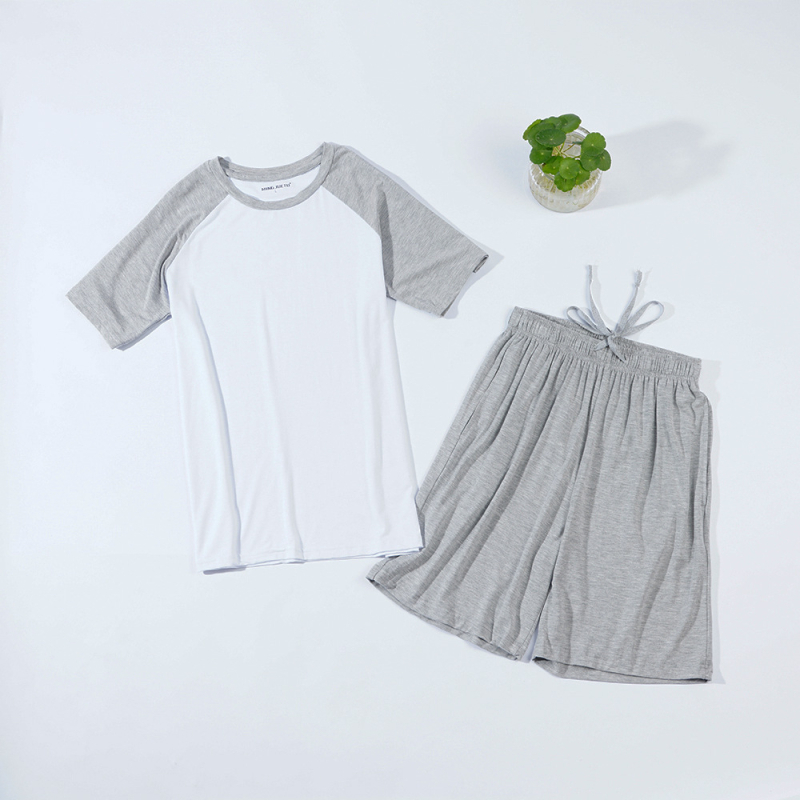 Vīriešu modalā mājas apģērbu komplekts ar īsām piedurknēm un šortiem, vienkāršs ikdienas stils, 90-95% modal, apļveida kakla forma, bieza auduma 201-250 g/m2