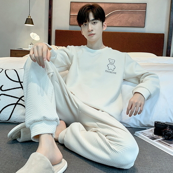 Vīriešu kokvilnas pidžamu komplekts ar apaļu kakla izgriezumu, garām piedurknēm, īpaši bieza auduma rudens-ziemas sezonai, minimalistisks komfortabls ikdienas stils, mājas vai ārējai lietošanai