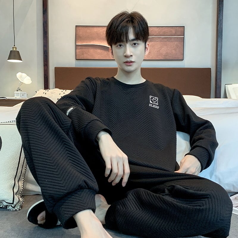 Vīriešu kokvilnas pidžamu komplekts ar apaļu kakla izgriezumu, garām piedurknēm, īpaši bieza auduma rudens-ziemas sezonai, minimalistisks komfortabls ikdienas stils, mājas vai ārējai lietošanai