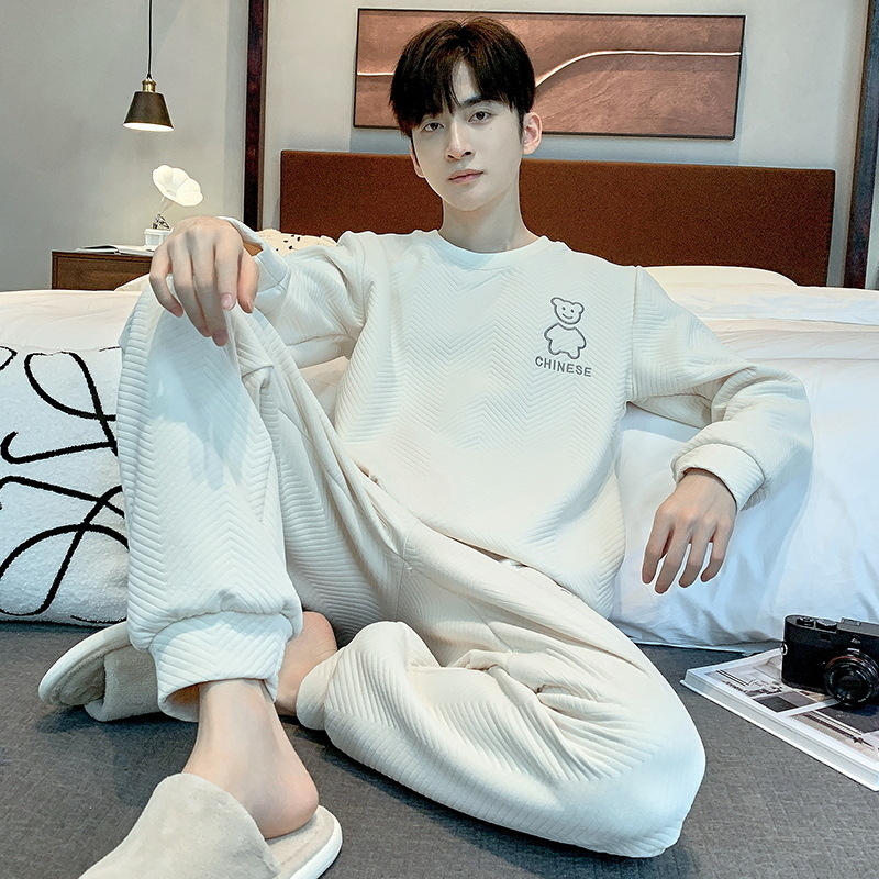 Vīriešu kokvilnas pidžamu komplekts ar apaļu kakla izgriezumu, garām piedurknēm, īpaši bieza auduma rudens-ziemas sezonai, minimalistisks komfortabls ikdienas stils, mājas vai ārējai lietošanai