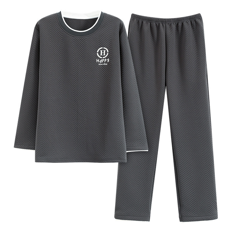 Vīriešu kokvilnas pidžamu komplekts ar apaļu kakla izgriezumu, garām piedurknēm, īpaši bieza auduma rudens-ziemas sezonai, minimalistisks komfortabls ikdienas stils, mājas vai ārējai lietošanai