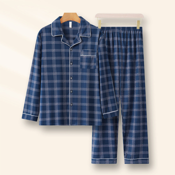 Vīriešu pidžāmu komplekts – kardigāna stils, garas piedurknes, imitācijas kokvilnas izskats, 100% poliesters, vidēja biezuma