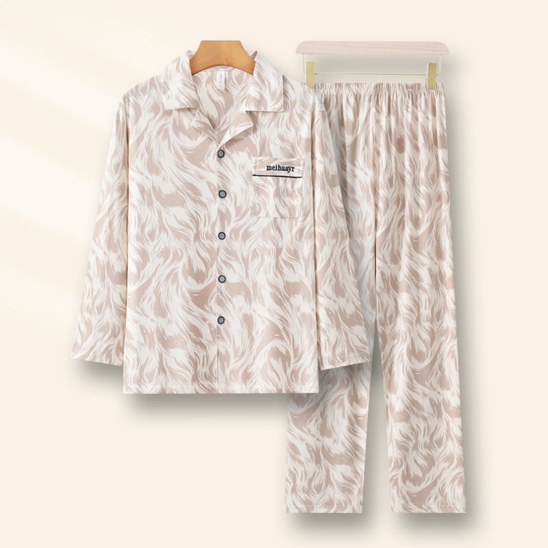 Vīriešu pidžāmu komplekts – kardigāna stils, garas piedurknes, imitācijas kokvilnas izskats, 100% poliesters, vidēja biezuma