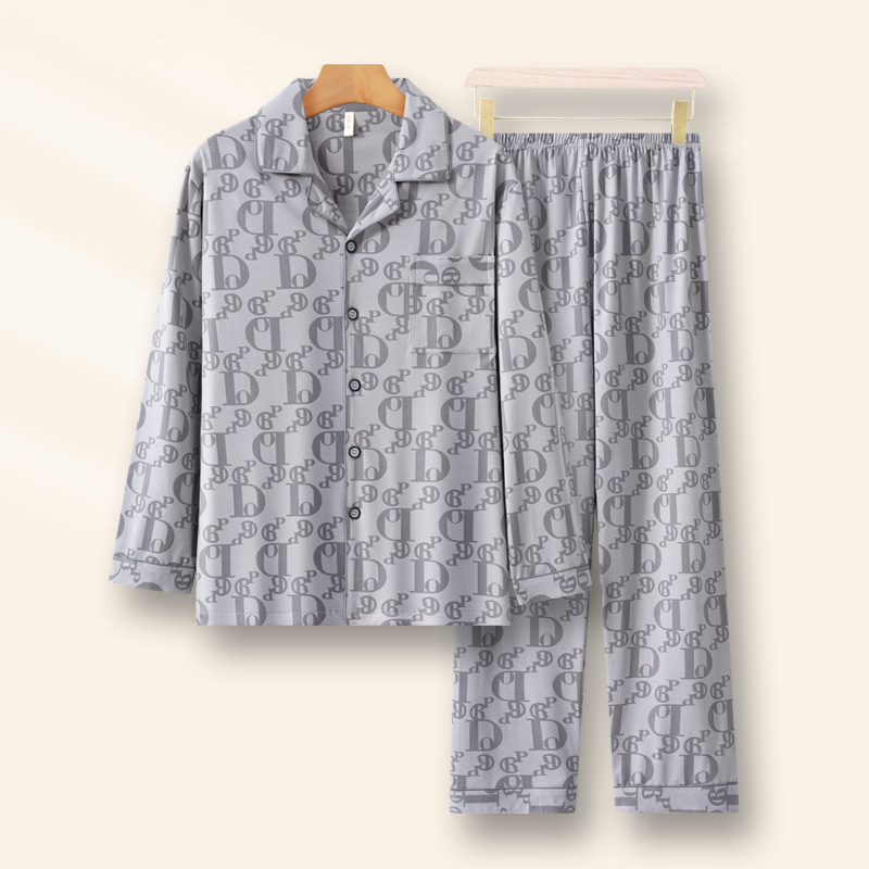 Vīriešu pidžāmu komplekts – kardigāna stils, garas piedurknes, imitācijas kokvilnas izskats, 100% poliesters, vidēja biezuma