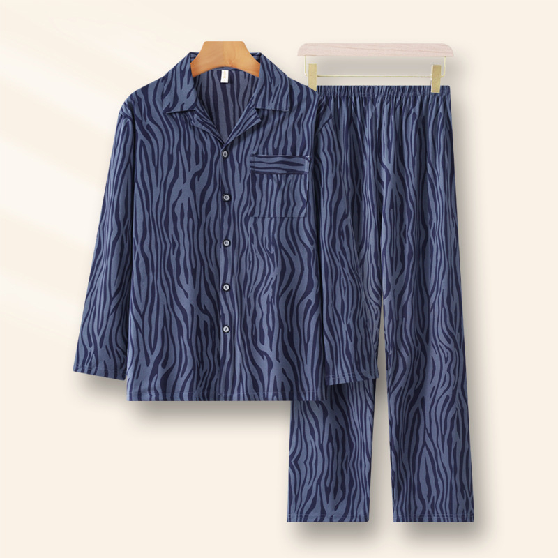 Vīriešu pidžāmu komplekts – kardigāna stils, garas piedurknes, imitācijas kokvilnas izskats, 100% poliesters, vidēja biezuma