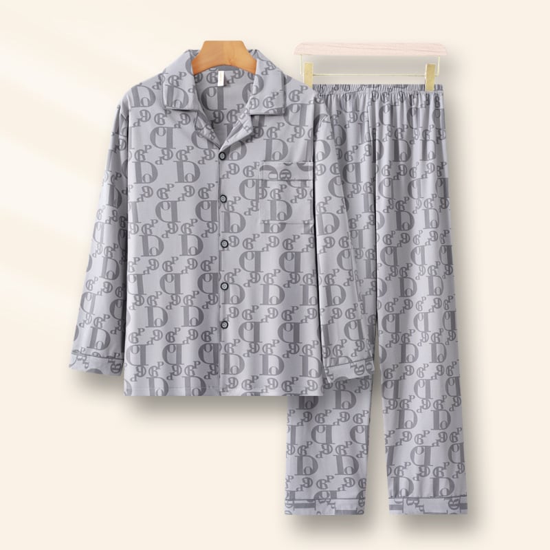 Vīriešu pidžāmu komplekts – kardigāna stils, garas piedurknes, imitācijas kokvilnas izskats, 100% poliesters, vidēja biezuma