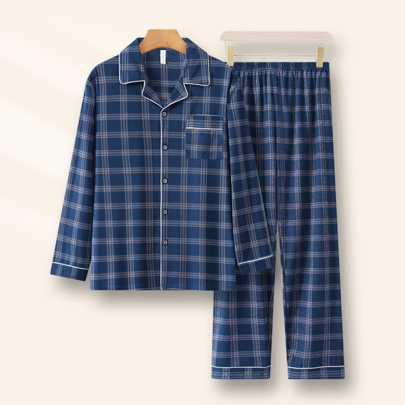 Vīriešu pidžāmu komplekts – kardigāna stils, garas piedurknes, imitācijas kokvilnas izskats, 100% poliesters, vidēja biezuma