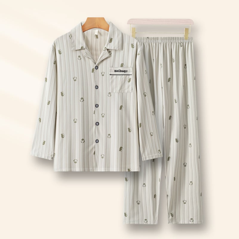 Vīriešu pidžāmu komplekts – kardigāna stils, garas piedurknes, imitācijas kokvilnas izskats, 100% poliesters, vidēja biezuma