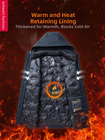 Vīriešu ziemas jaka ar kapuci, kokvilnas pildījums, noņemama iekšējā oderējums, flīsa iekšējā oderējums, poliestera audums, rāvējslēdzēja kabatas