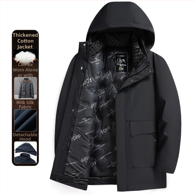 Vīriešu ziemas jaka ar kapuci, kokvilnas pildījums, noņemama iekšējā oderējums, flīsa iekšējā oderējums, poliestera audums, rāvējslēdzēja kabatas