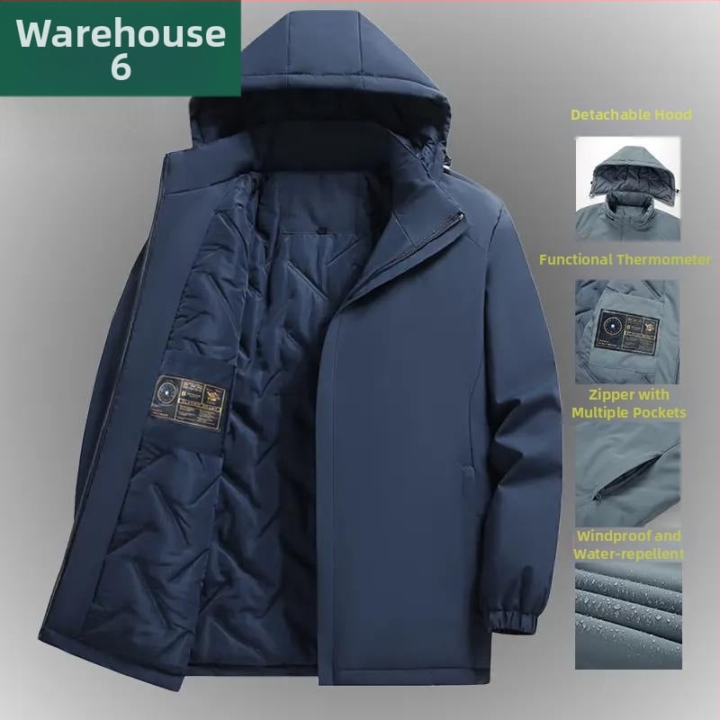 Vyriska storesnė ruden-žiemos striukė su apykakle, rankovėmis su manžetėmis, poliesterio audinys, vidutinio amžiaus stilius