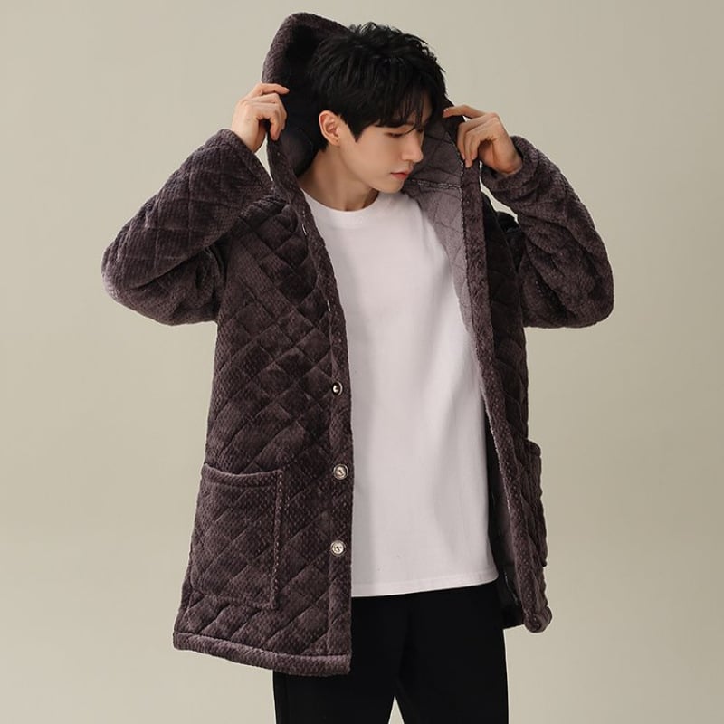 Ανδρικό εργασιακό μπουφάν με κουκούλα, από ύφασμα λινό-μίγμα, μακριά μανίκια, τσέπες τύπου patch, κλείσιμο με κουμπιά σε μία σειρά