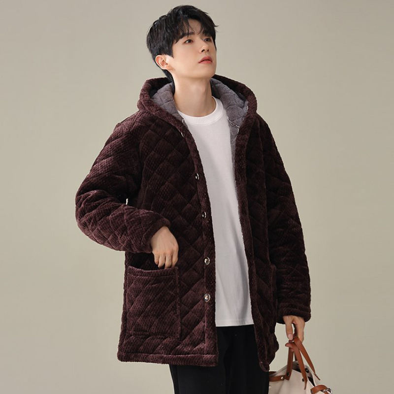 Ανδρικό εργασιακό μπουφάν με κουκούλα, από ύφασμα λινό-μίγμα, μακριά μανίκια, τσέπες τύπου patch, κλείσιμο με κουμπιά σε μία σειρά