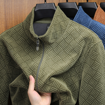 Vyrų striukė su poliesterio fliso pamušalu, užtrauktukas, aukšta apykaklė, jacquard raštas, minimalistinis stilius, pavasario-rudens sezonui