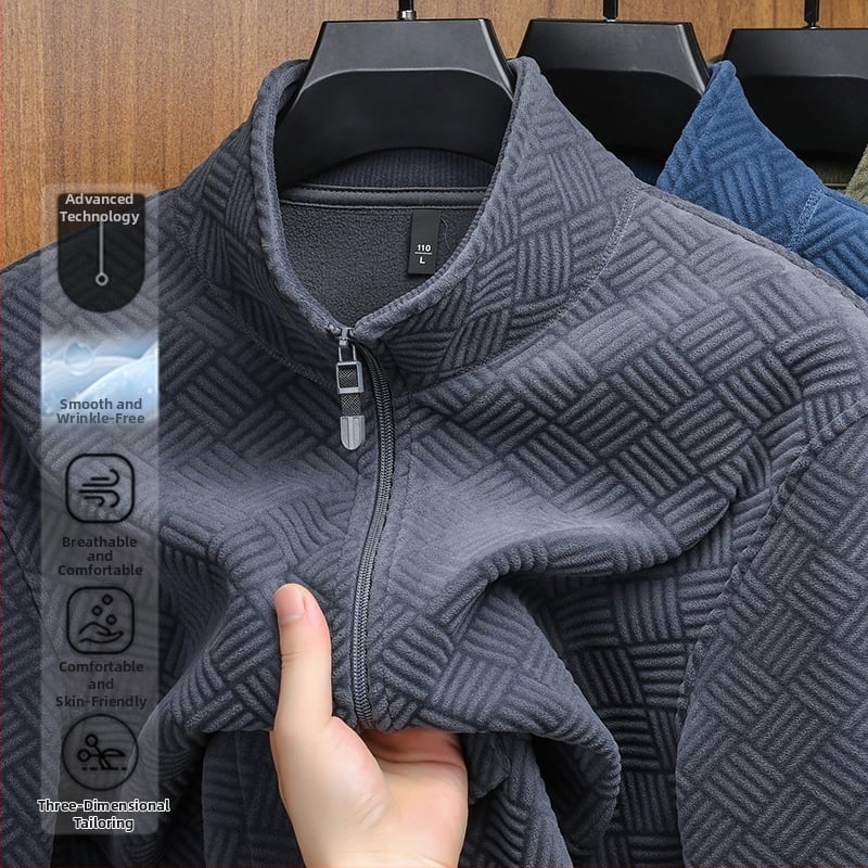 Vyrų striukė su poliesterio fliso pamušalu, užtrauktukas, aukšta apykaklė, jacquard raštas, minimalistinis stilius, pavasario-rudens sezonui