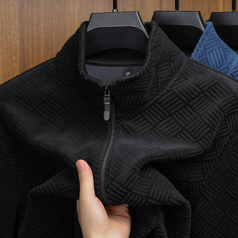 Vīriešu jaka ar poliestera flīsa oderi, rāvējslēdzējs, augsta apkakle, jacquard raksts, minimālistisks stils, piemērota pavasarim un rudenim
