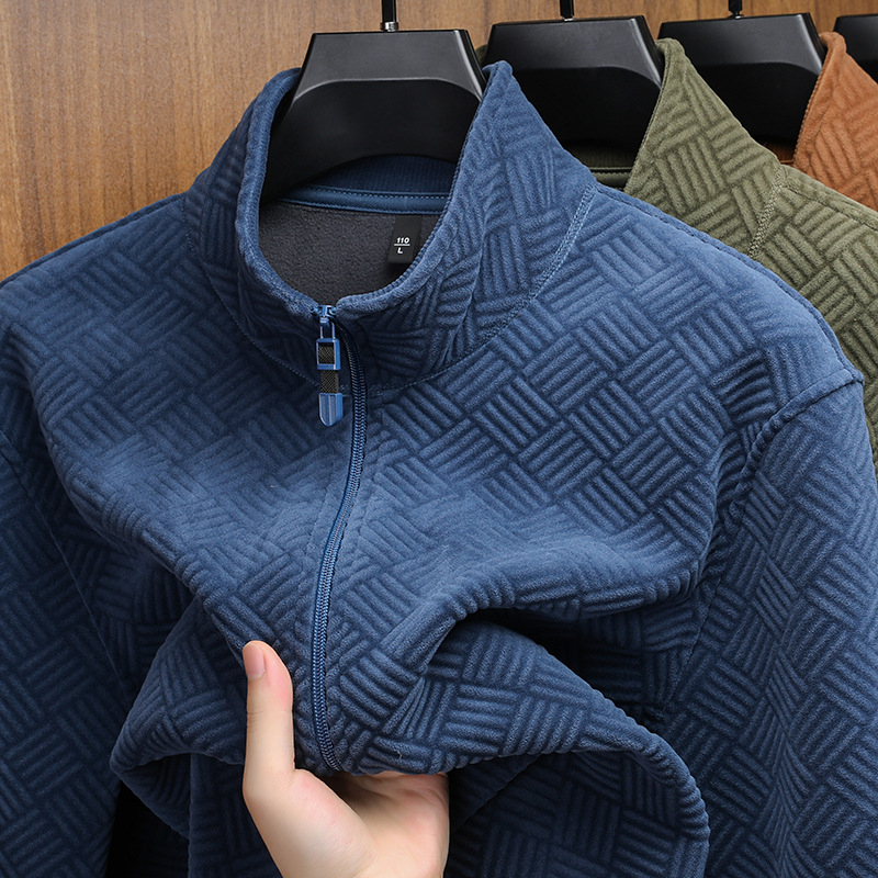 Vīriešu jaka ar poliestera flīsa oderi, rāvējslēdzējs, augsta apkakle, jacquard raksts, minimālistisks stils, piemērota pavasarim un rudenim