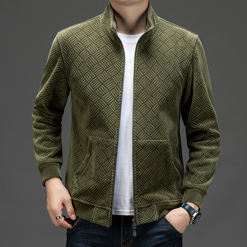 Vyrų striukė su poliesterio fliso pamušalu, užtrauktukas, aukšta apykaklė, jacquard raštas, minimalistinis stilius, pavasario-rudens sezonui