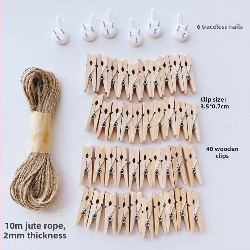 Drvena klipsa za fotografije s konopnim užetom za zidni prikaz – pogodna za sobu i učionicu. Marka: Other; Materijal: Drvo; Tip proizvoda: Hand ledger.