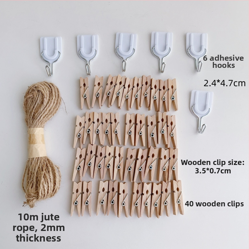 Drvena klipsa za fotografije s konopnim užetom za zidni prikaz – pogodna za sobu i učionicu. Marka: Other; Materijal: Drvo; Tip proizvoda: Hand ledger.