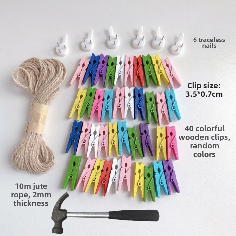 Drvena klipsa za fotografije s konopnim užetom za zidni prikaz – pogodna za sobu i učionicu. Marka: Other; Materijal: Drvo; Tip proizvoda: Hand ledger.