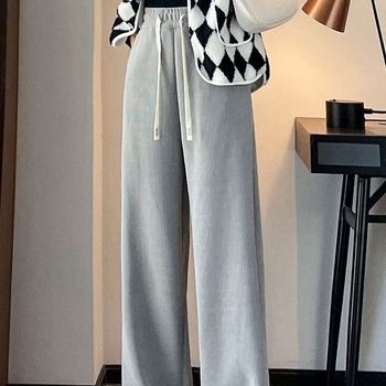 Ženske pantalone širokih nogavica s fleksom, za jesen-zimu, tople i laskave liniju, ravni kroj, do poda, baršunasti drap