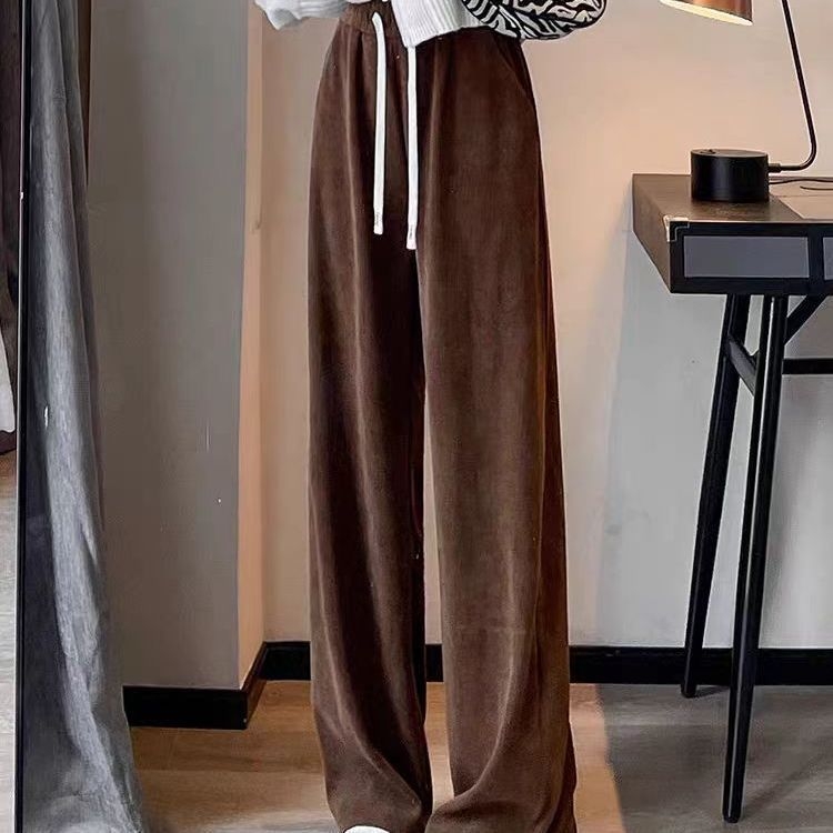 Ženske pantalone širokih nogavica s fleksom, za jesen-zimu, tople i laskave liniju, ravni kroj, do poda, baršunasti drap