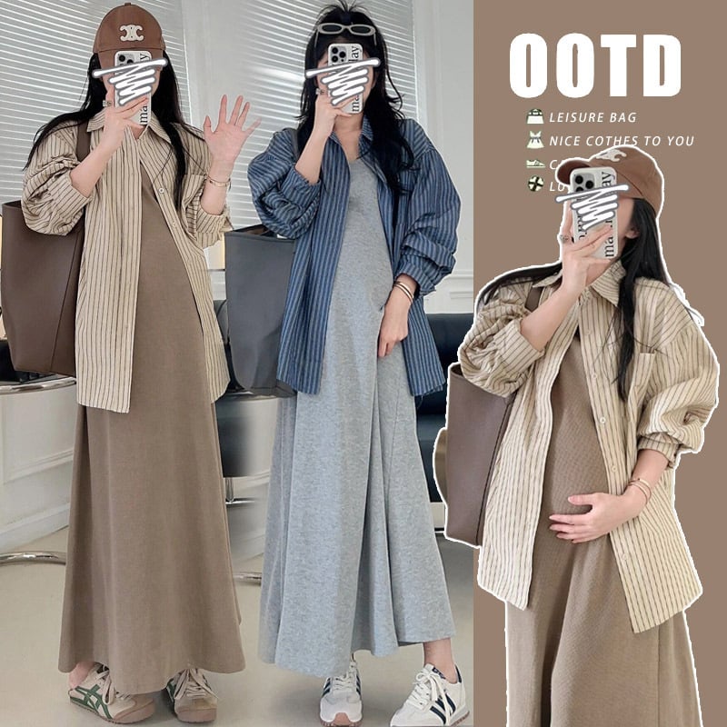 Grūtnieču divdāļu komplekts: svītrainā garā piedurknes krekls un vestes kleita