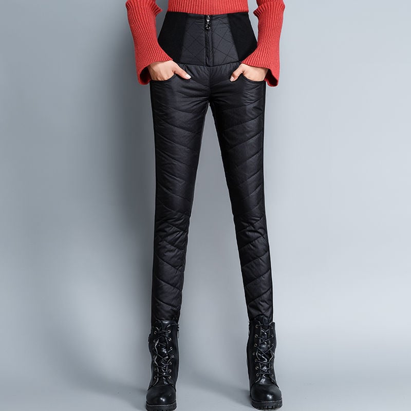 Női magas derekú, vastagított down nadrág, karcsúsított fazon, kétoldalas hőszigetelés, koreai stílusú téli nadrág