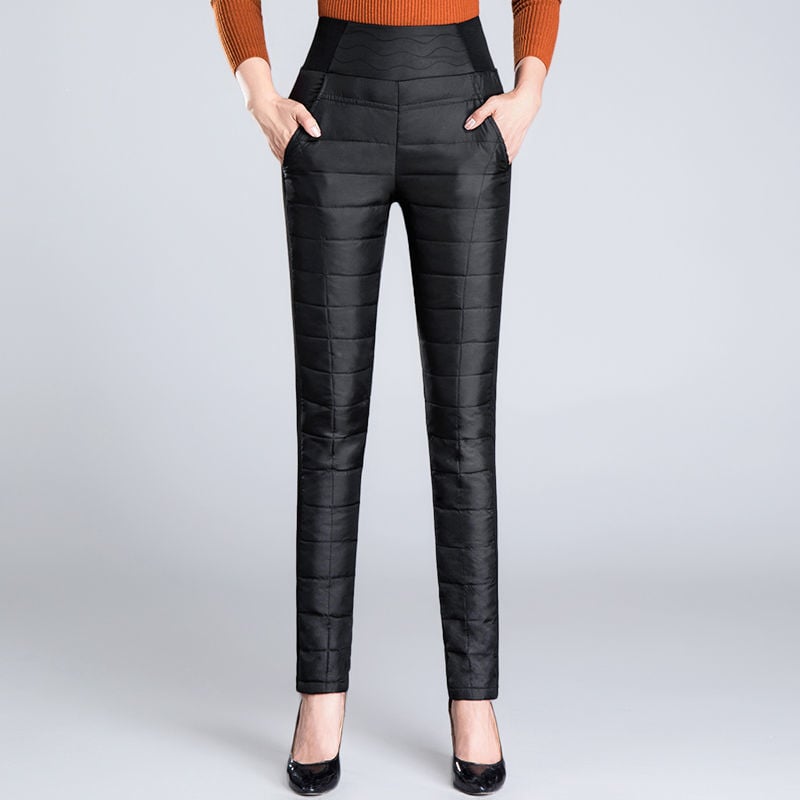 Női magas derekú, vastagított down nadrág, karcsúsított fazon, kétoldalas hőszigetelés, koreai stílusú téli nadrág