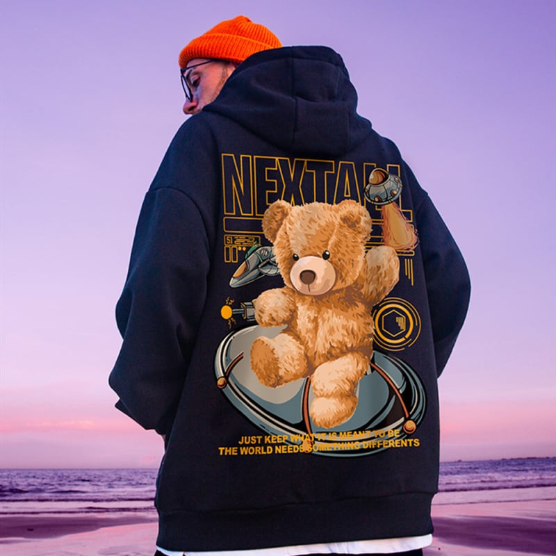 Muška dukserica s flekse podlogom i kapuljom, oversize, nadahnuta Bear, hongkonški stil
