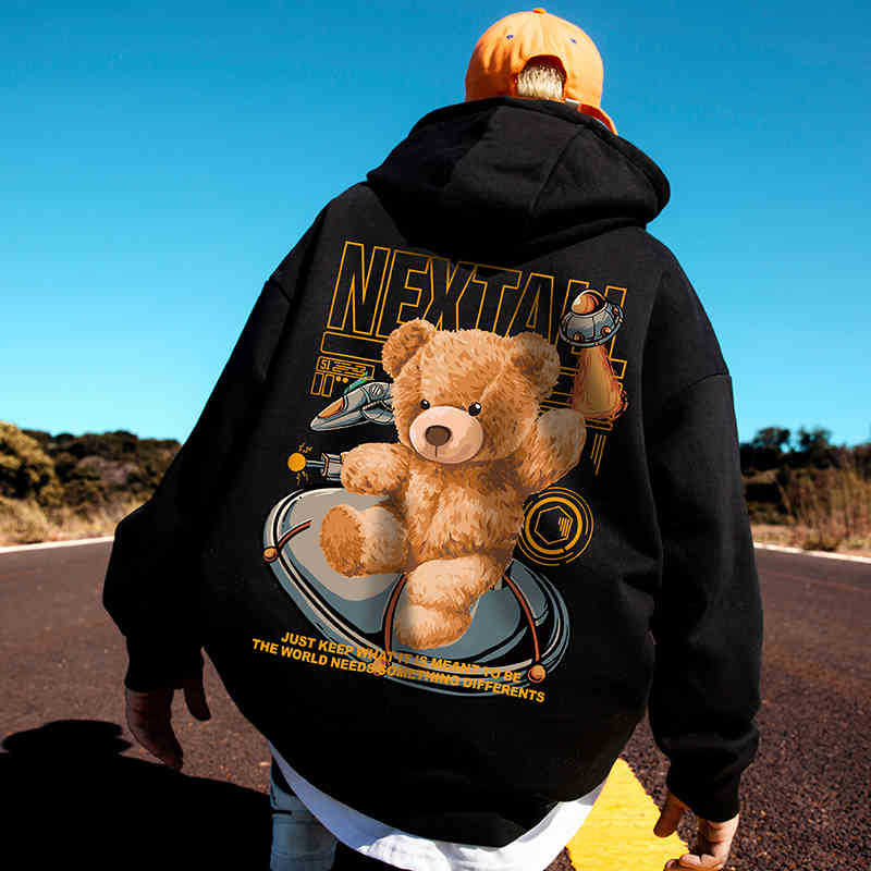 Muška dukserica s flekse podlogom i kapuljom, oversize, nadahnuta Bear, hongkonški stil