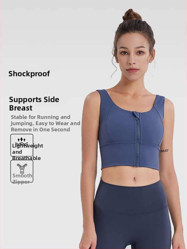 Športová podprsenka na zips s polovičnou fixáciou, push-up, priedušná, rýchloschnúca, na beh a jogu