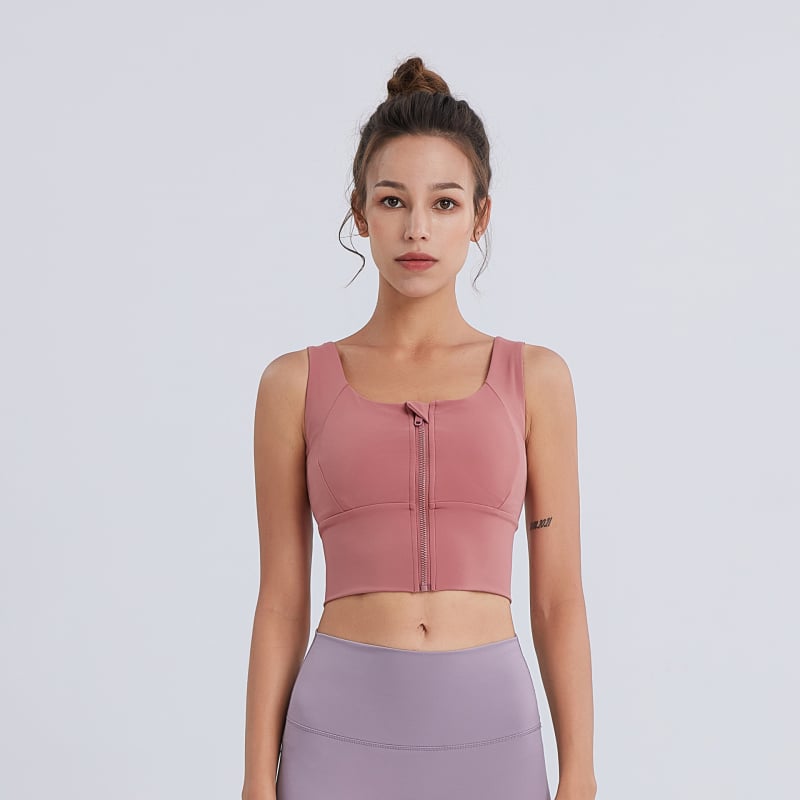 Спортен сутиен с цип и полуфиксирани чашки, дишащ и бързосъхнещ, Nylon 80% / Spandex 20%