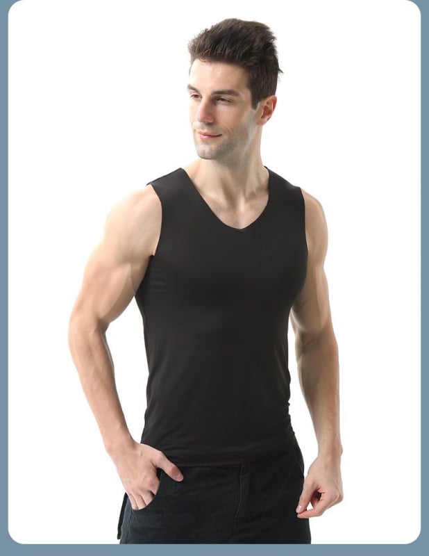 Vīriešu modalā bez piedurknēm top, ultra plāns audums 81–100 g/m2, 90–95% modal, V veida kakla izgriezums, aktīvs stils