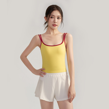 Йога потник с подплънки за бюст, контрастни презрамки, без ръкави, вталяващ пилатес топ, дишаща материя нейлон+спандекс 80/20